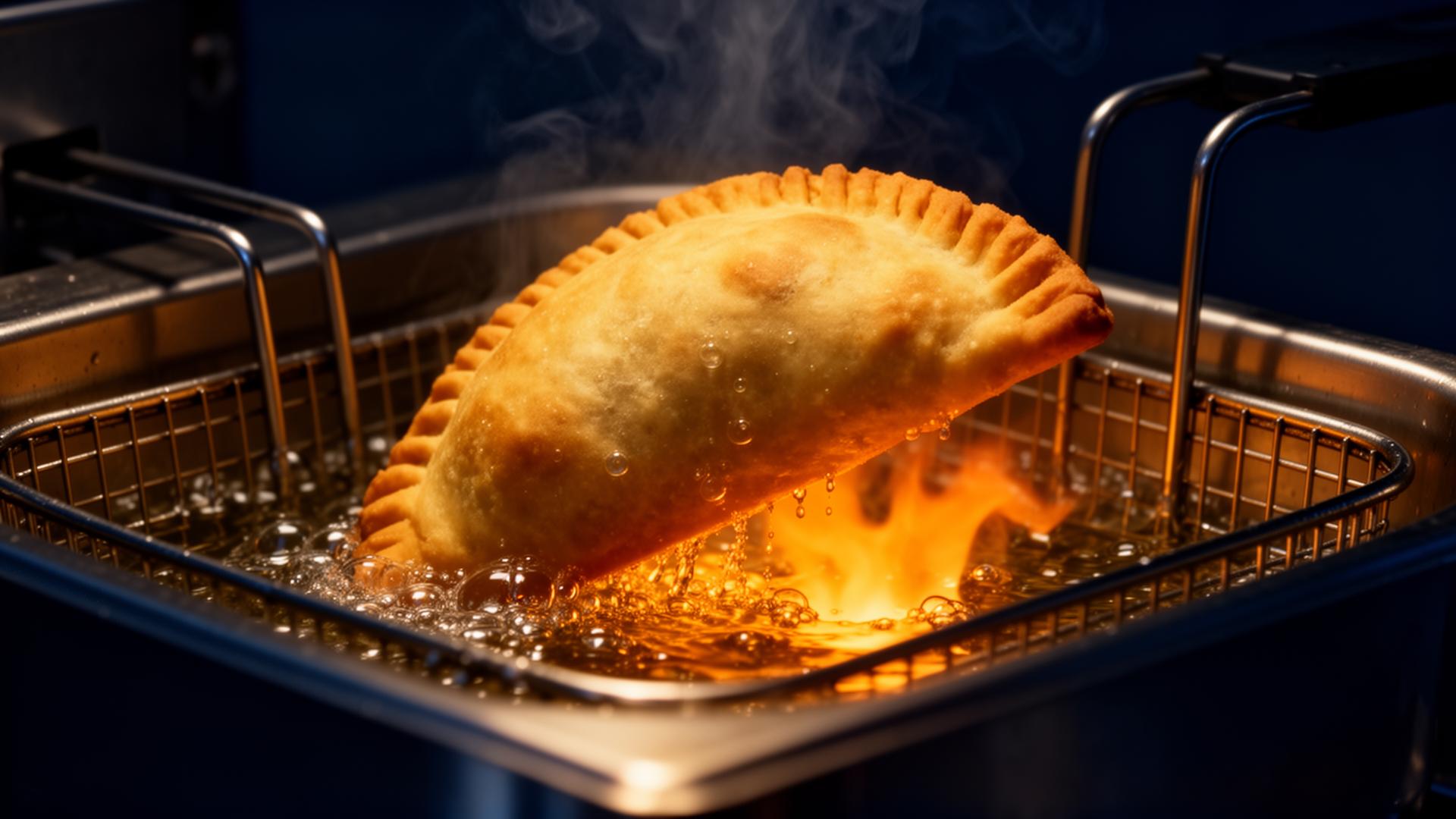 Cinematic golden empanada frying in oil